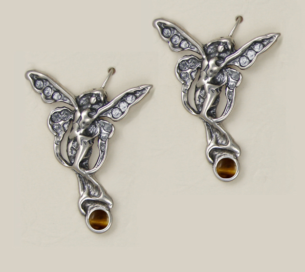 Sterling Silver Joyful Fairy Drop Dangle Earrings With Tiger Eye